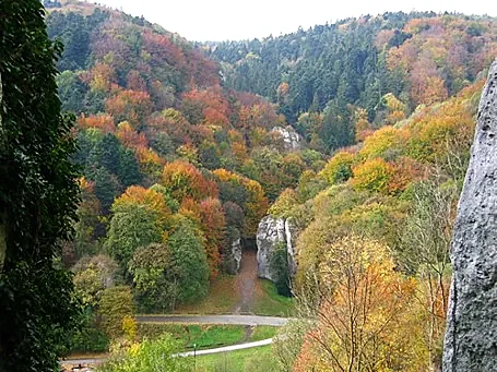Brama Krakowska i ścieżki w dolinie wśród jesiennych drzew